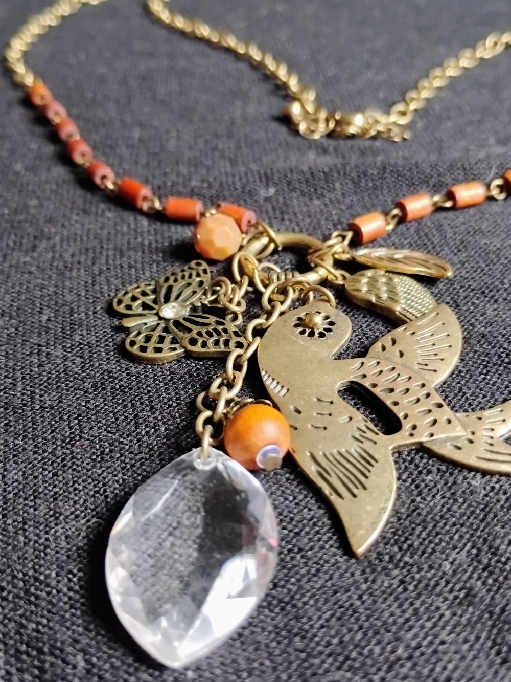 Bohemian Bird Charm Necklace with Orange Beads and Crystal Drop